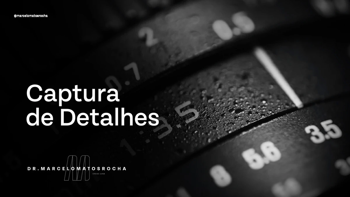 Publicação da marca do Dr. Marcelo sobre captura de detalhes, com uma lente fotográfica em preto e branco.