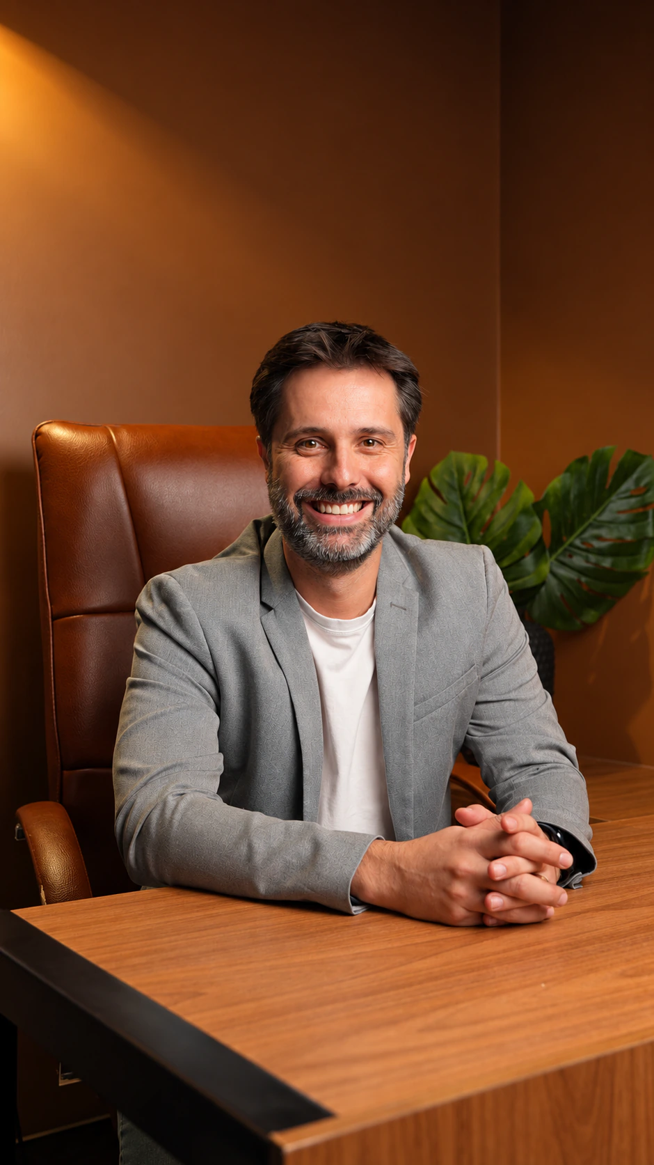 Dr. Marcelo Matos Rocha, sentado em seu retrato profissional, com blazer cinza e camisa branca.