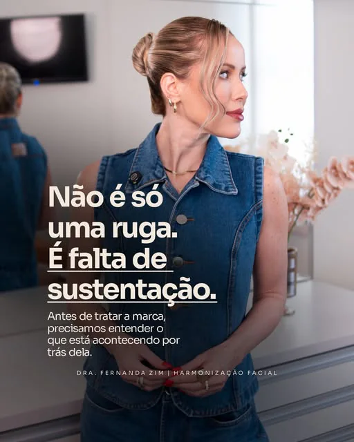 Capa da publicação de 8 de outubro: a Dra. Fernanda Zim de colete jeans, olhando para o lado. A imagem traz o texto “Não é só uma ruga. É falta de sustentação.”.